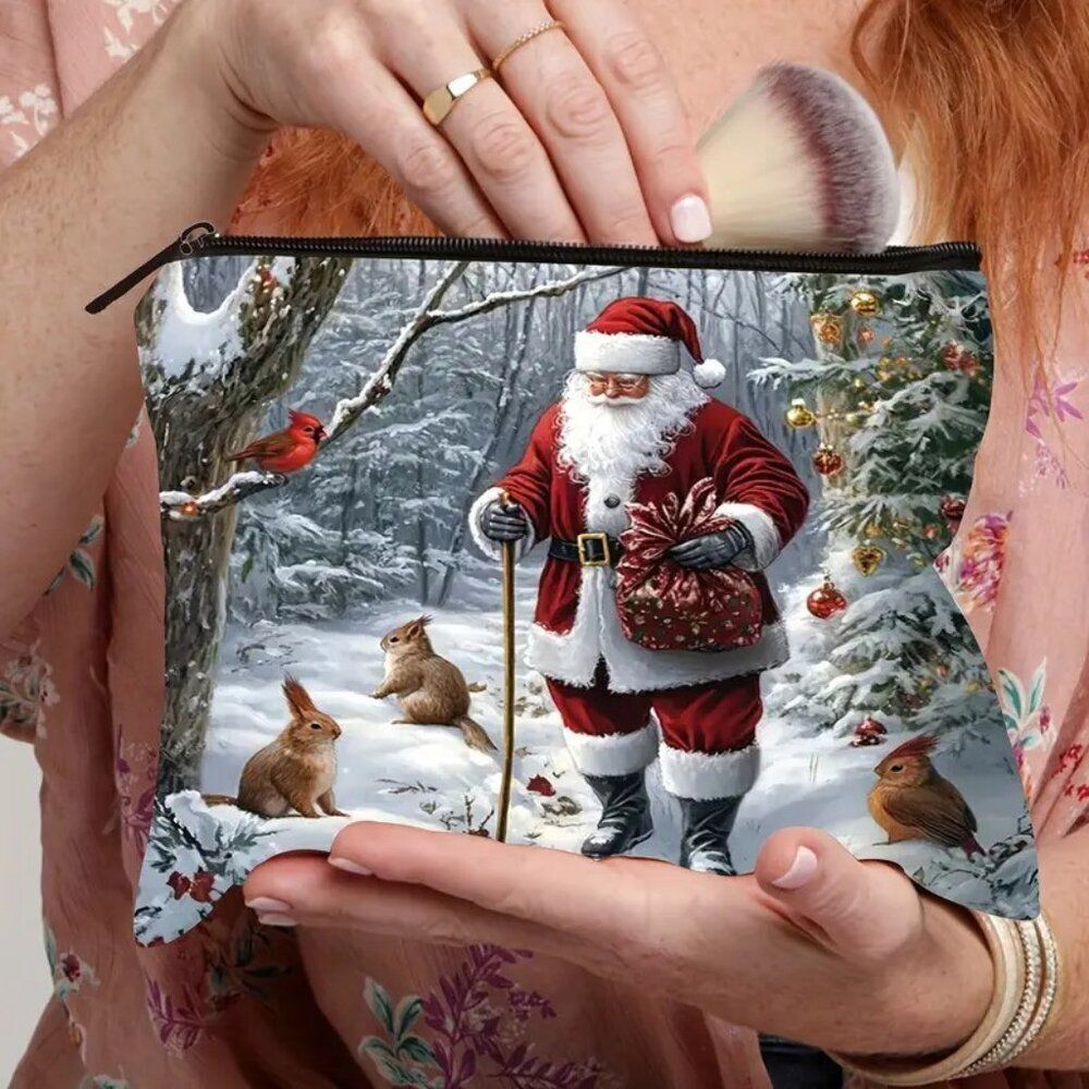 Santa, Bunny and Squirrel Lightweight Zippered Cosmetic Makeup Bag Double Sided